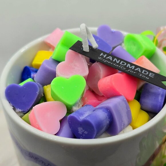 Handmade ✦ Love Is… Ceramic Mug Candle ✦ Rainbow Heart Wax Sherbet Scent NWT - Picture 5 of 10